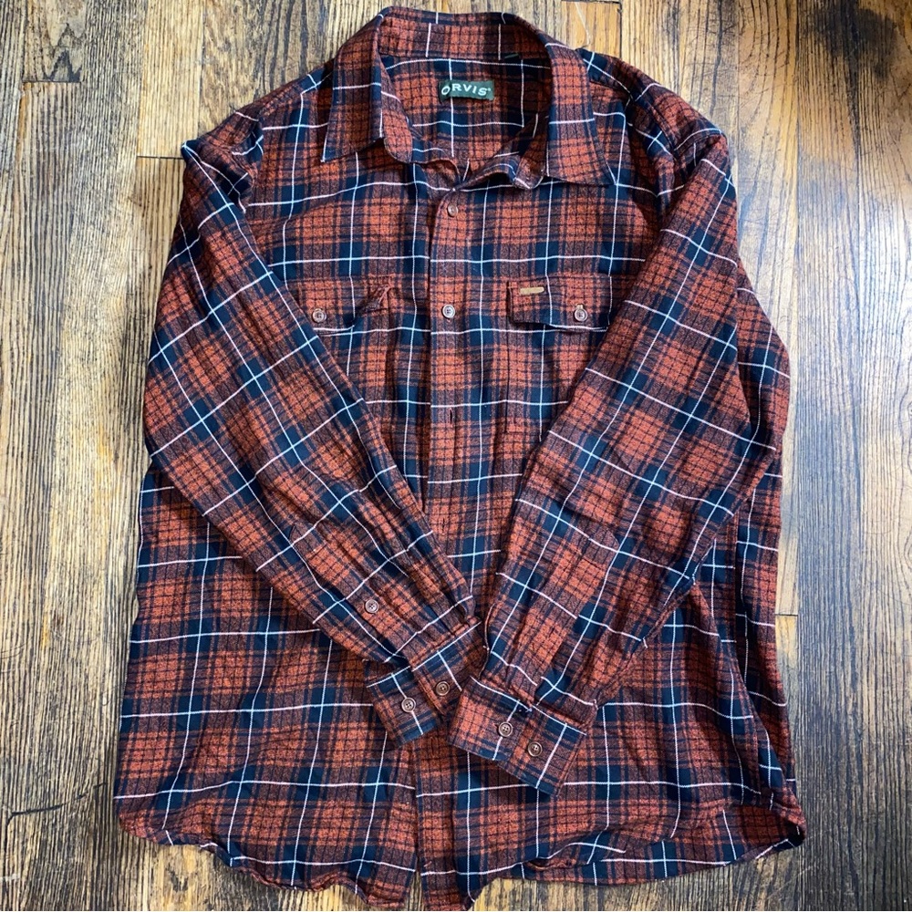 Orvis Men’s Large Flannel Shirt Plaid 100% Cotton Red, black & white.